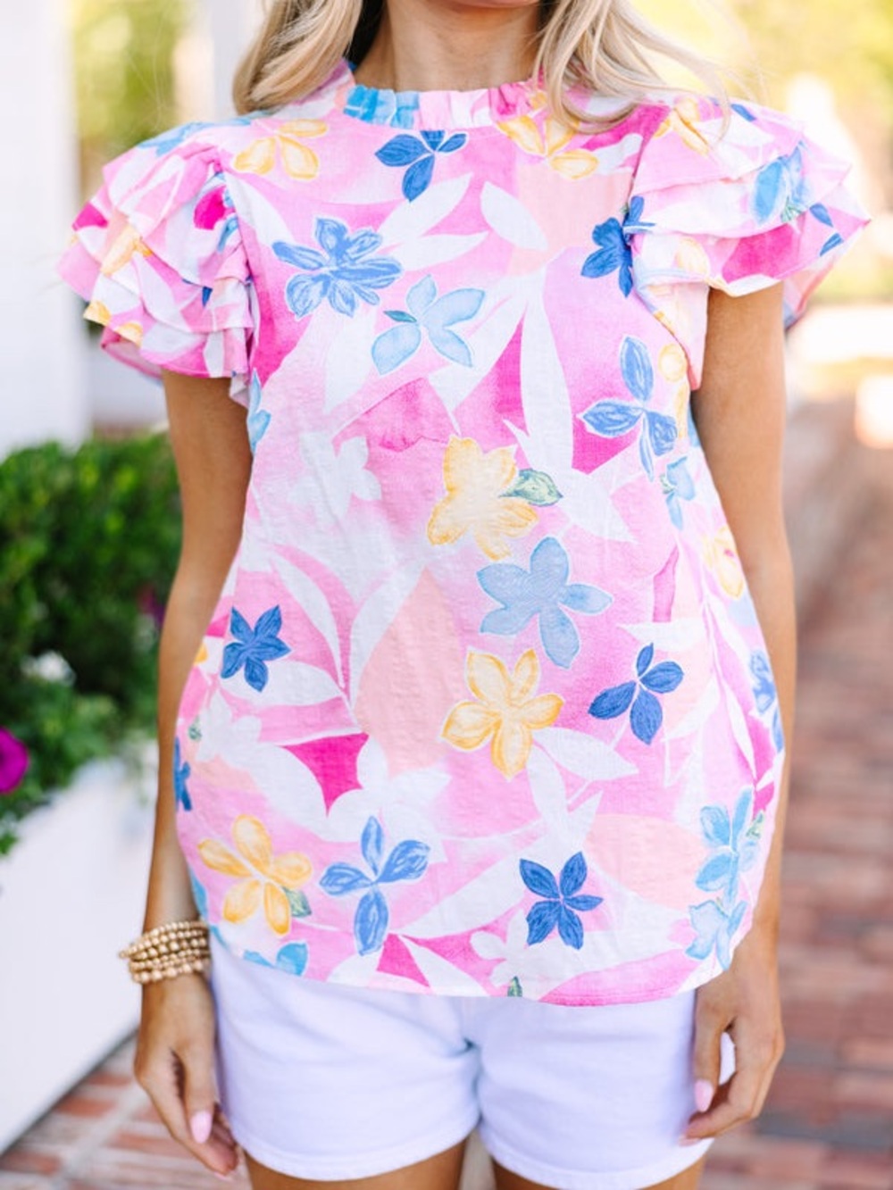 NWT GeeGee Pink Floral Ruffle Sleeve Blouse Size Medium 100% Cotton